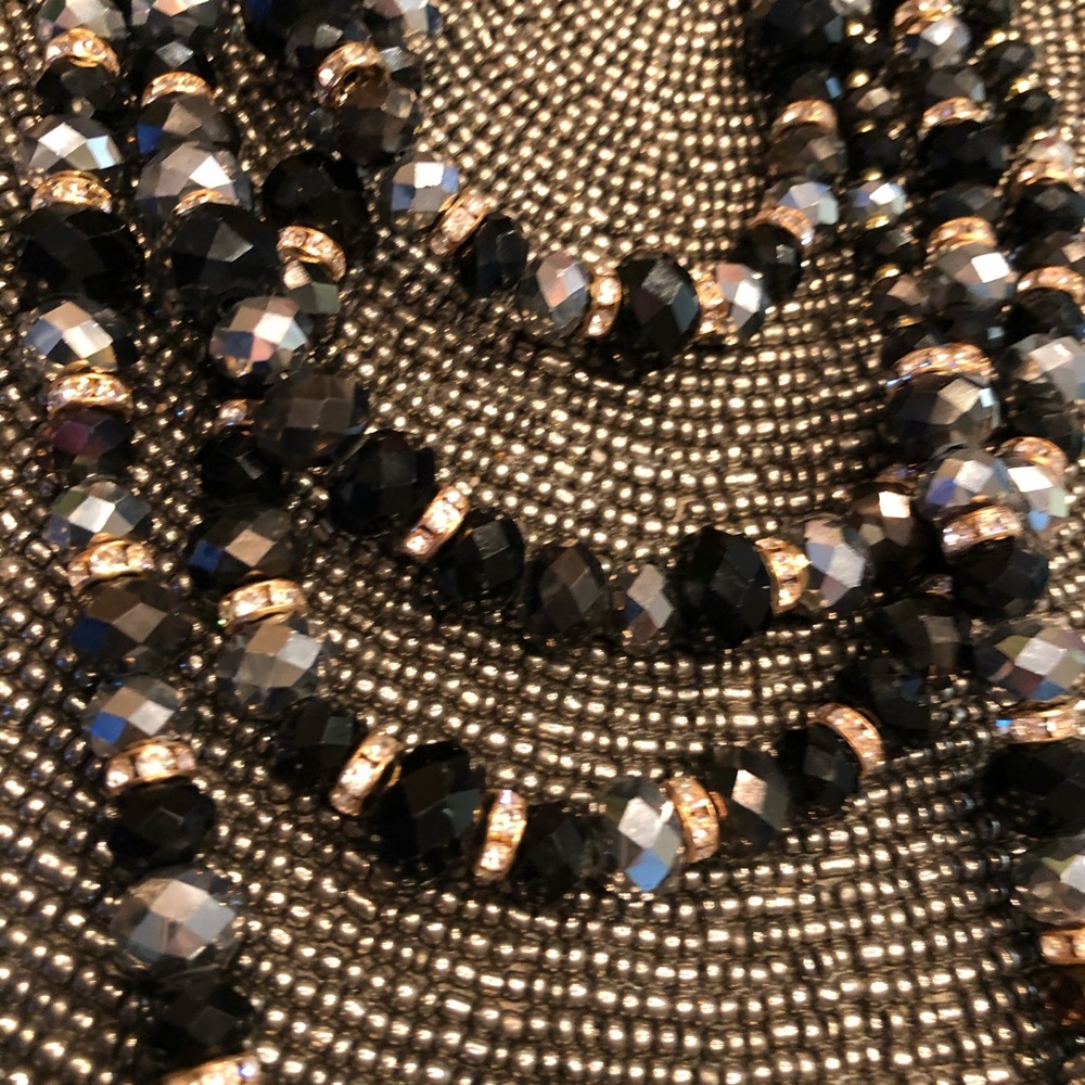 Black glass beads necklace three strand